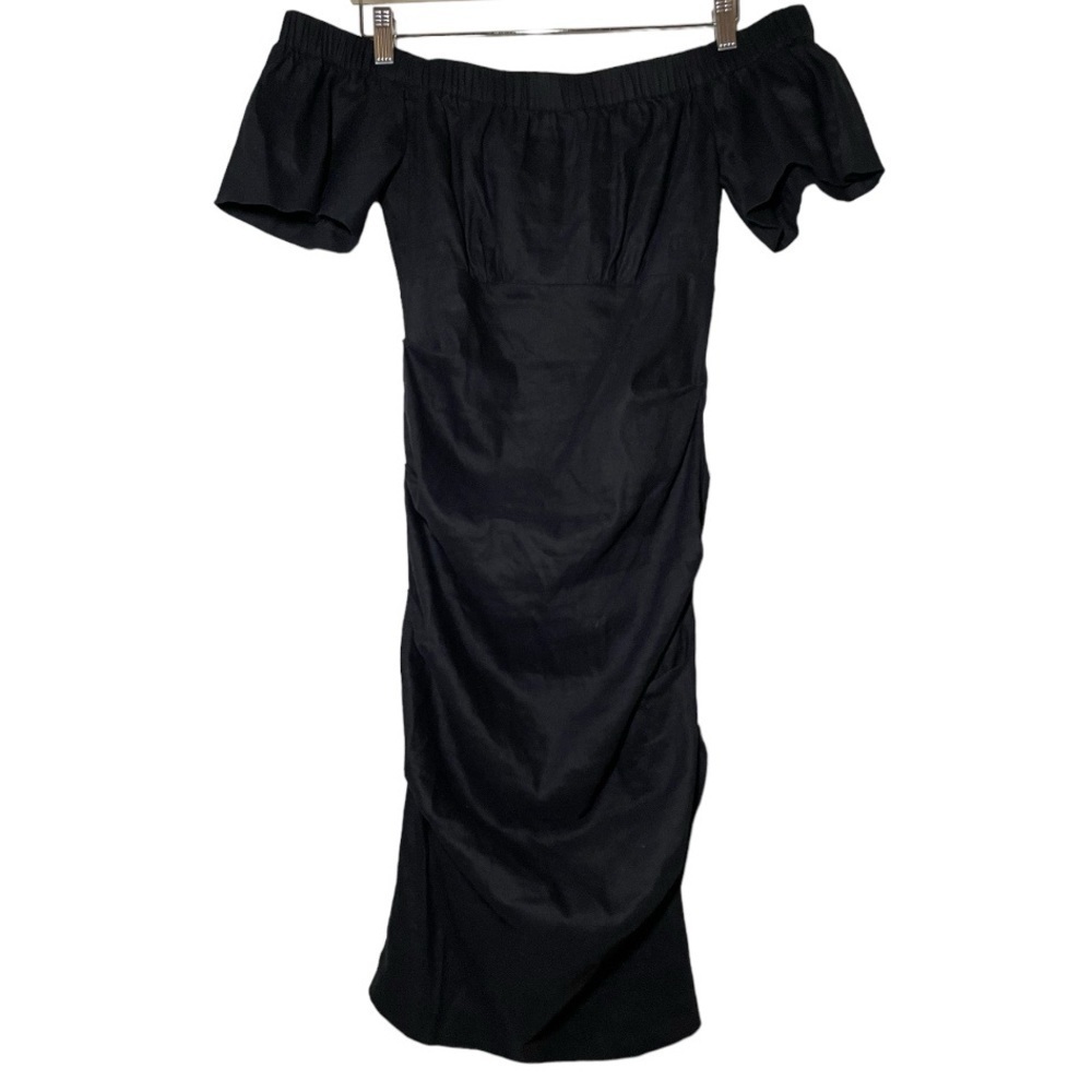 Artelier Nicole Miller Off The Shoulder Black Linen Ruched Dress size 4
